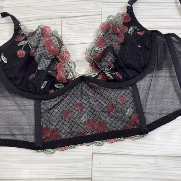 NWT VS VERY SEXY EMBROIDERED CHERRY PLUNGE LACE LONGLINE CORSET TOP BRA 32DD - Picture 2 of 5